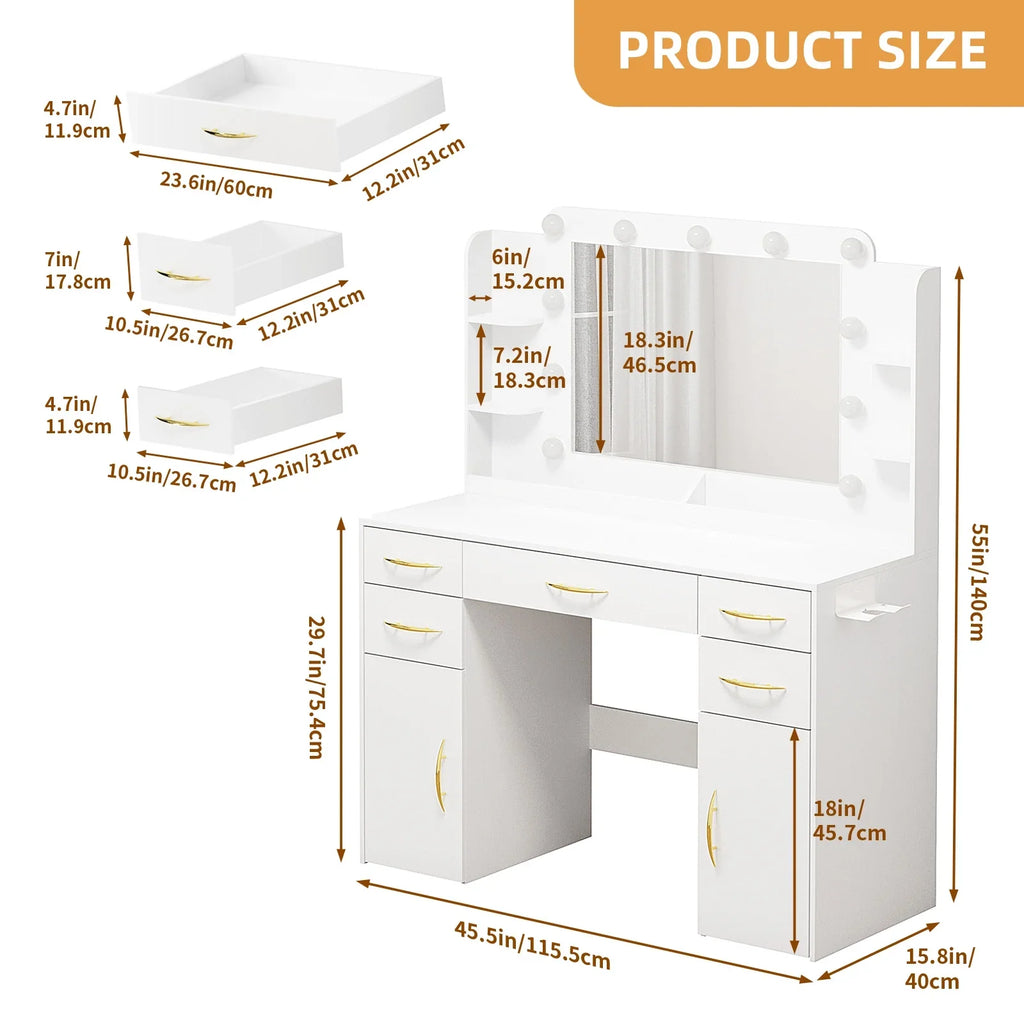 Tomnk woo White Makeup Vanity Desk with Large Mirror, Adjustable Lights, Storage Drawers & Power Outlets