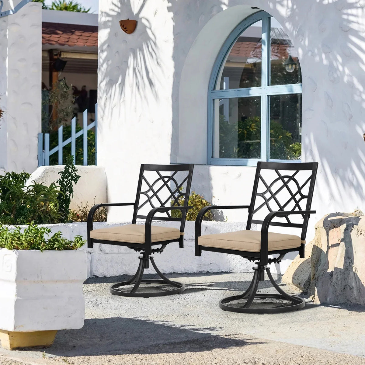 SUNCROWN 5-Piece Outdoor Wrought Iron Chairs and Table Patio Dining Furniture Set - 4 Stackable Metal Chairs, 1 Steel Slat Bistro Table and 1 Sky Blue 9Ft Patio Umbrella for Garden Backyard Deck