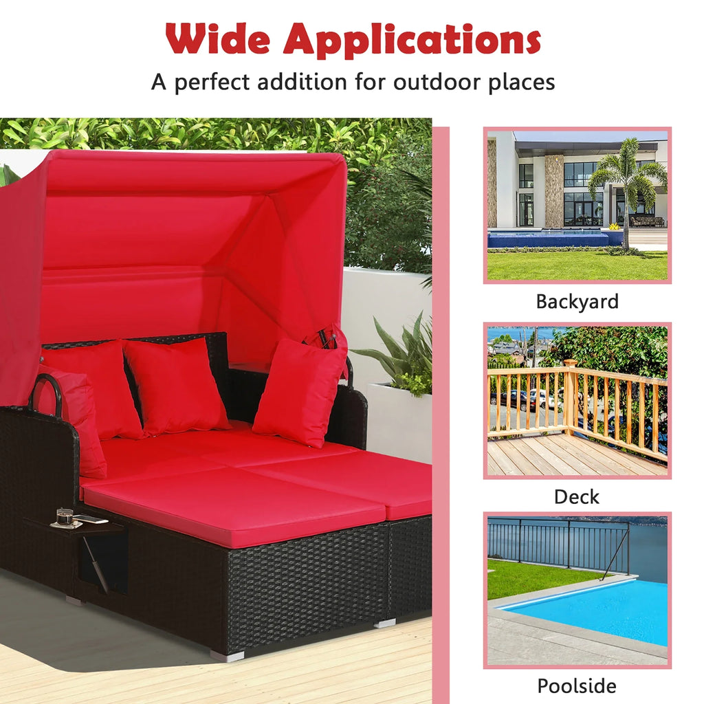 Costway Patio Rattan Daybed Lounge Retractable Top Canopy Side Tables Cushions Red