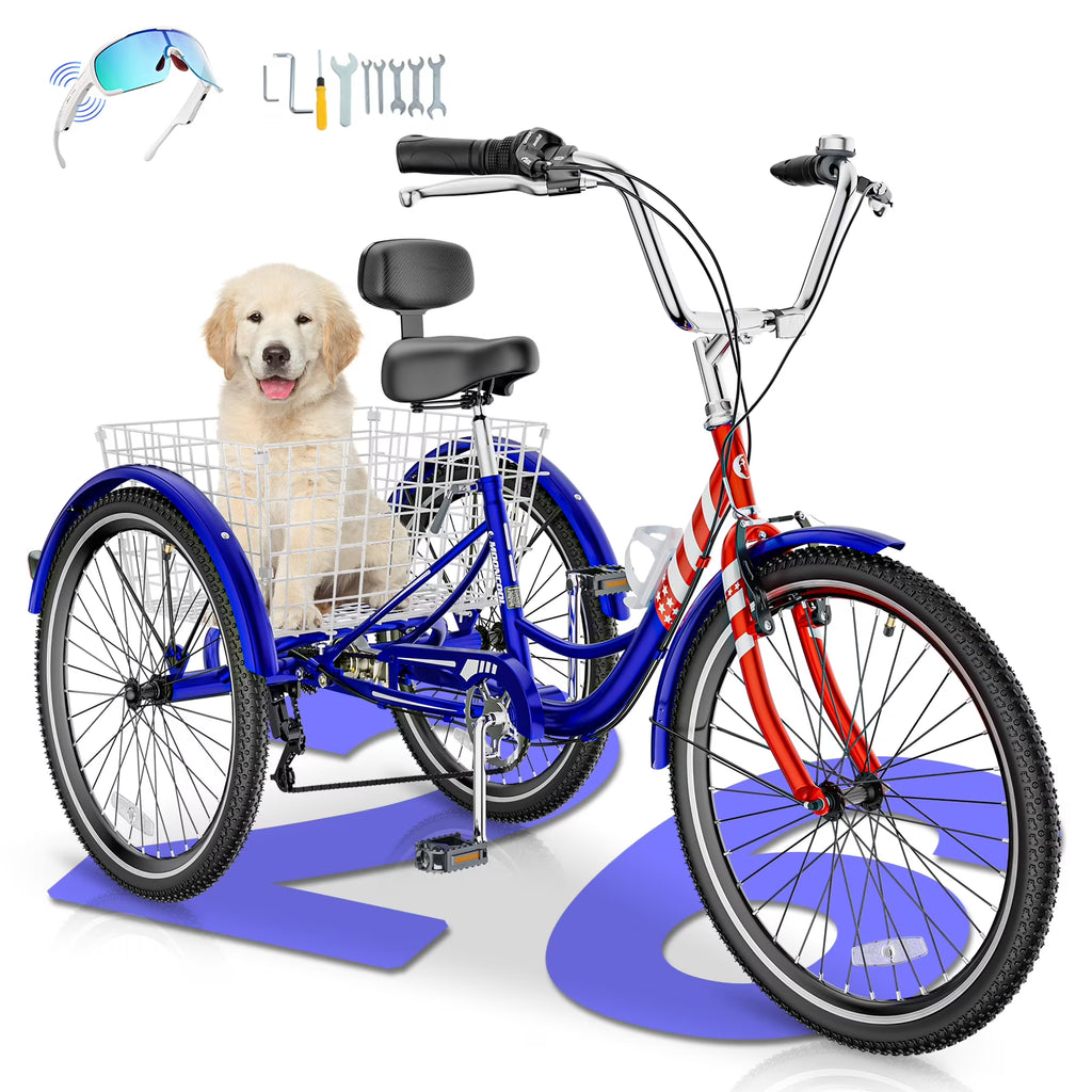MOONCOOL Adult Tricycles with Rear Basket & Inflator, 24 26 inch 7 Speed 3 Wheel Bikes, Three-Wheeled Bicycles Adult Trike with Backrest for Seniors, Women, Men
