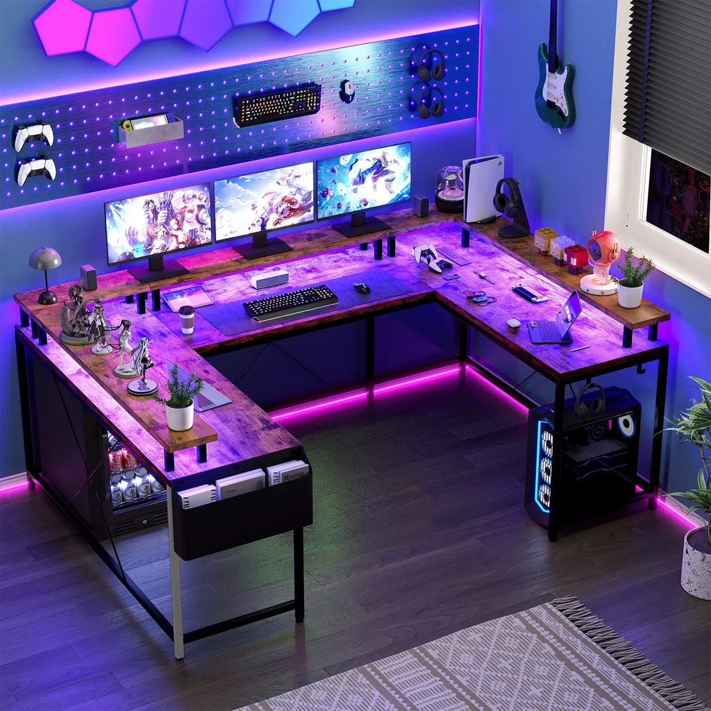 Yesfashion U Shaped Computer Gaming Desk, Reversible L Shaped Desk with Power Outlets, LED Strip & Monitor Stand, Large Corner Desk with Storage Shelves