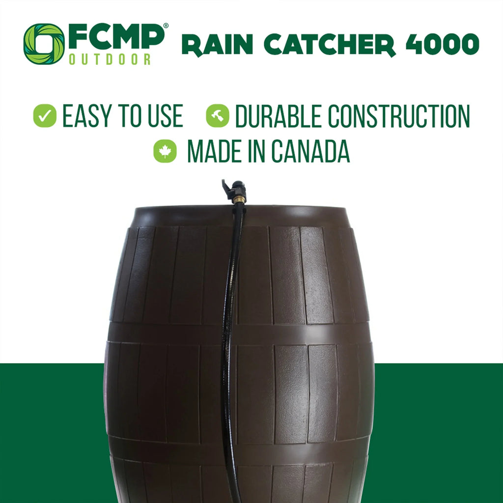 FCMP Outdoor RC4000 Raincatcher 50 Gallon Rain Catcher Barrel, Brown