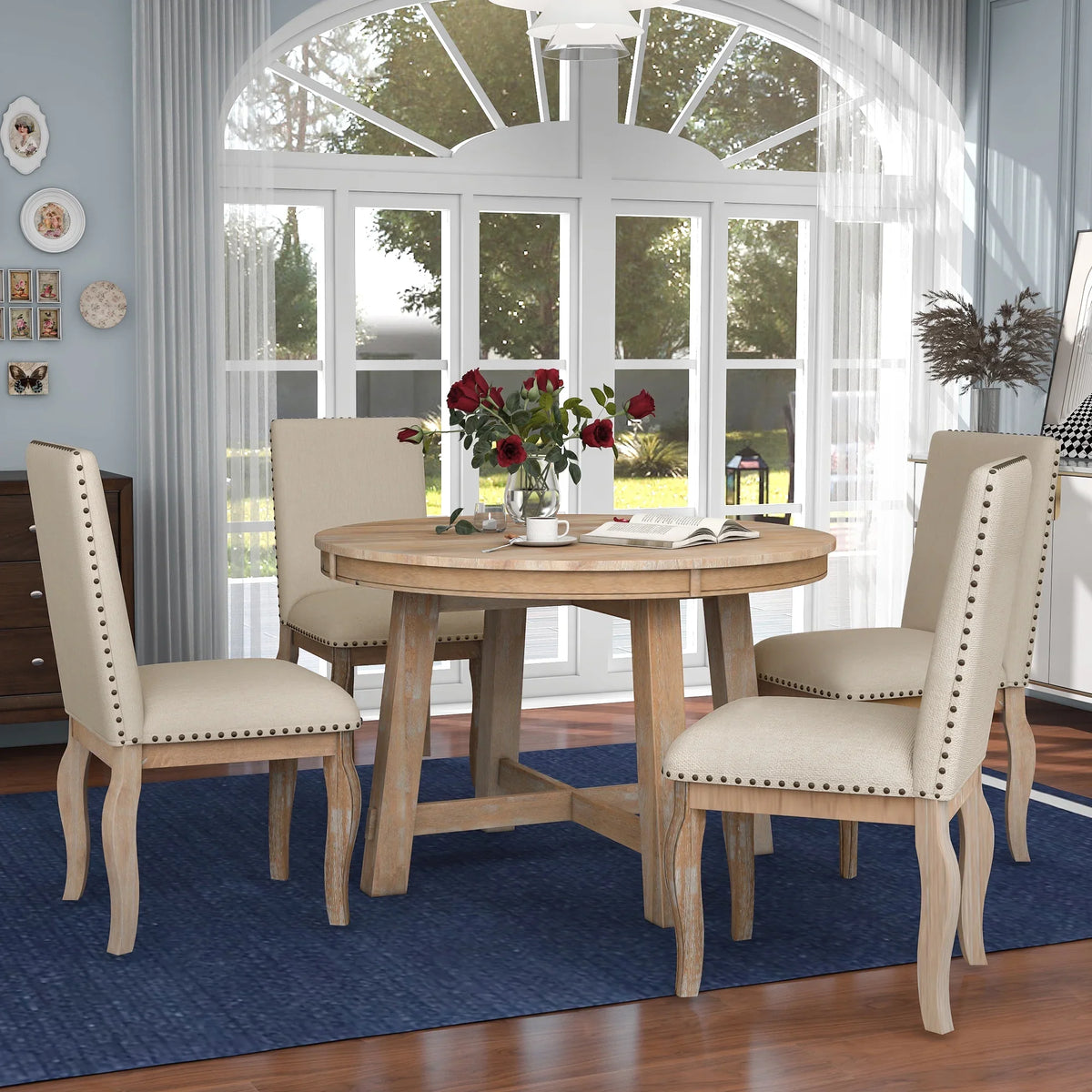 Harper & Bright Designs Round Extendable Dining Table Set for 4, 5 Piece Farmhouse Wood Dining Table Set with 4 Upholstered Dining Chairs, Natural Wood Wash