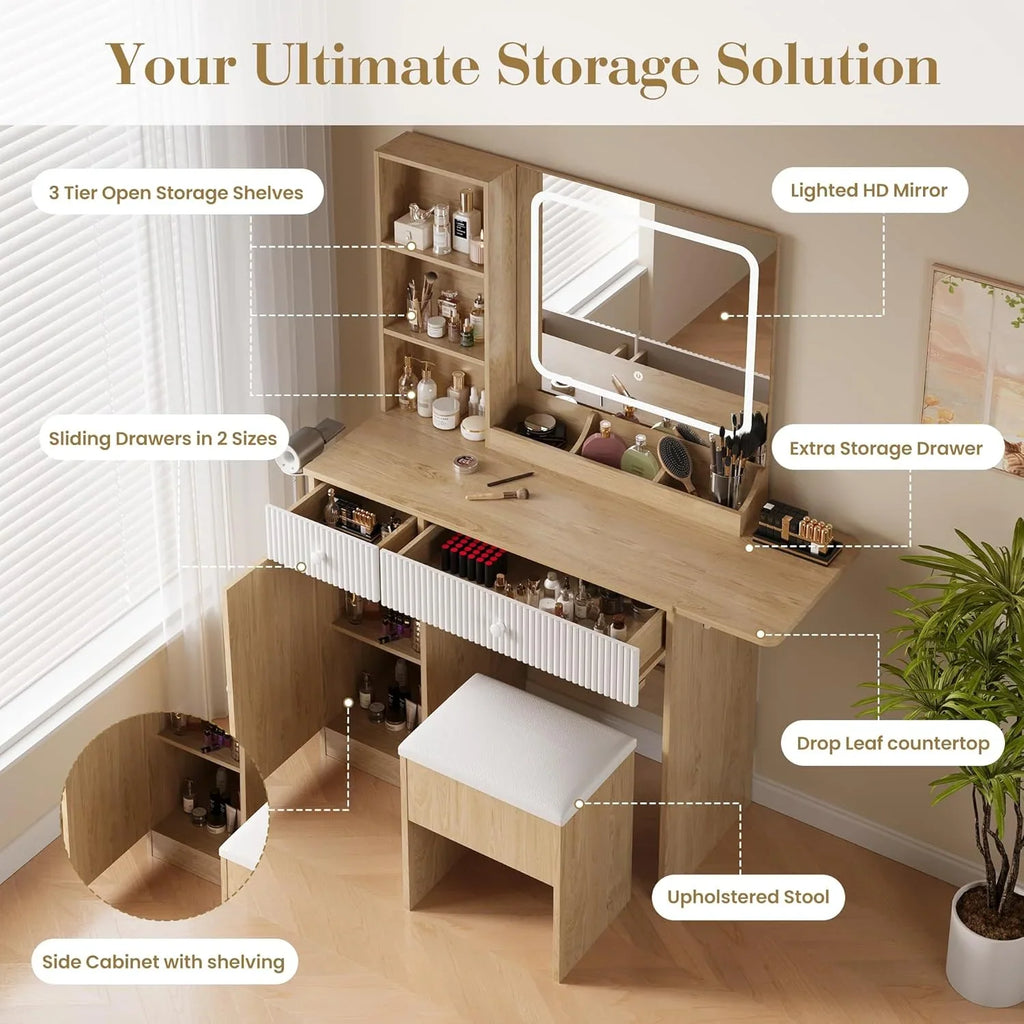 M optimized Vanity Desk with Mirror and Lights, Power Outlets Makeup Table with Drawers & Cabinet, Storage Stool, Dressing Table for Bedroom