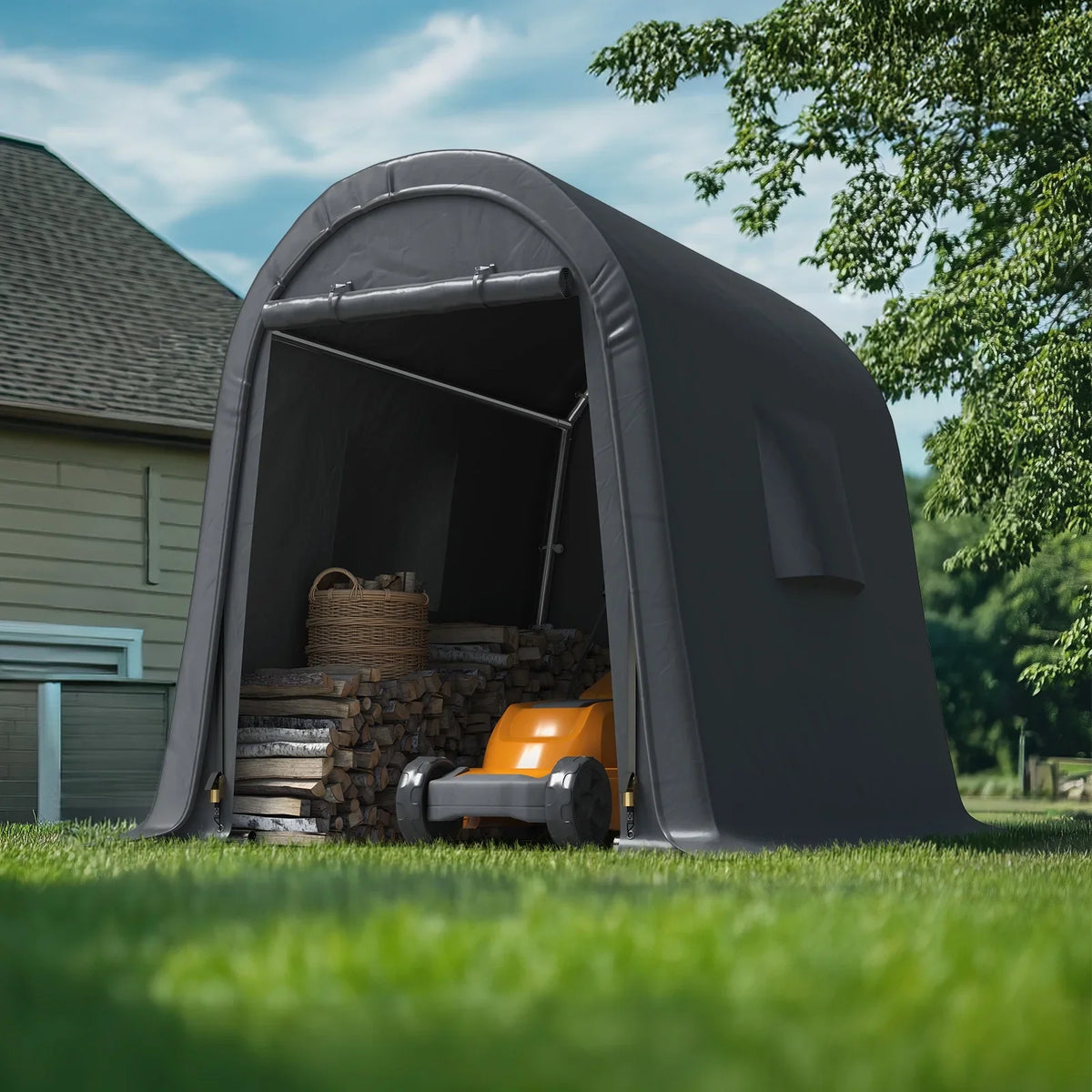 ADVANCE OUTDOOR 10x15 ft Shelter Storage Shed Steel Metal Round Roof Anti-Snow Portable Garage Carport for Motorcycle, Boat, or Garden Tools with 2 Roll up Doors & Vents, Gray