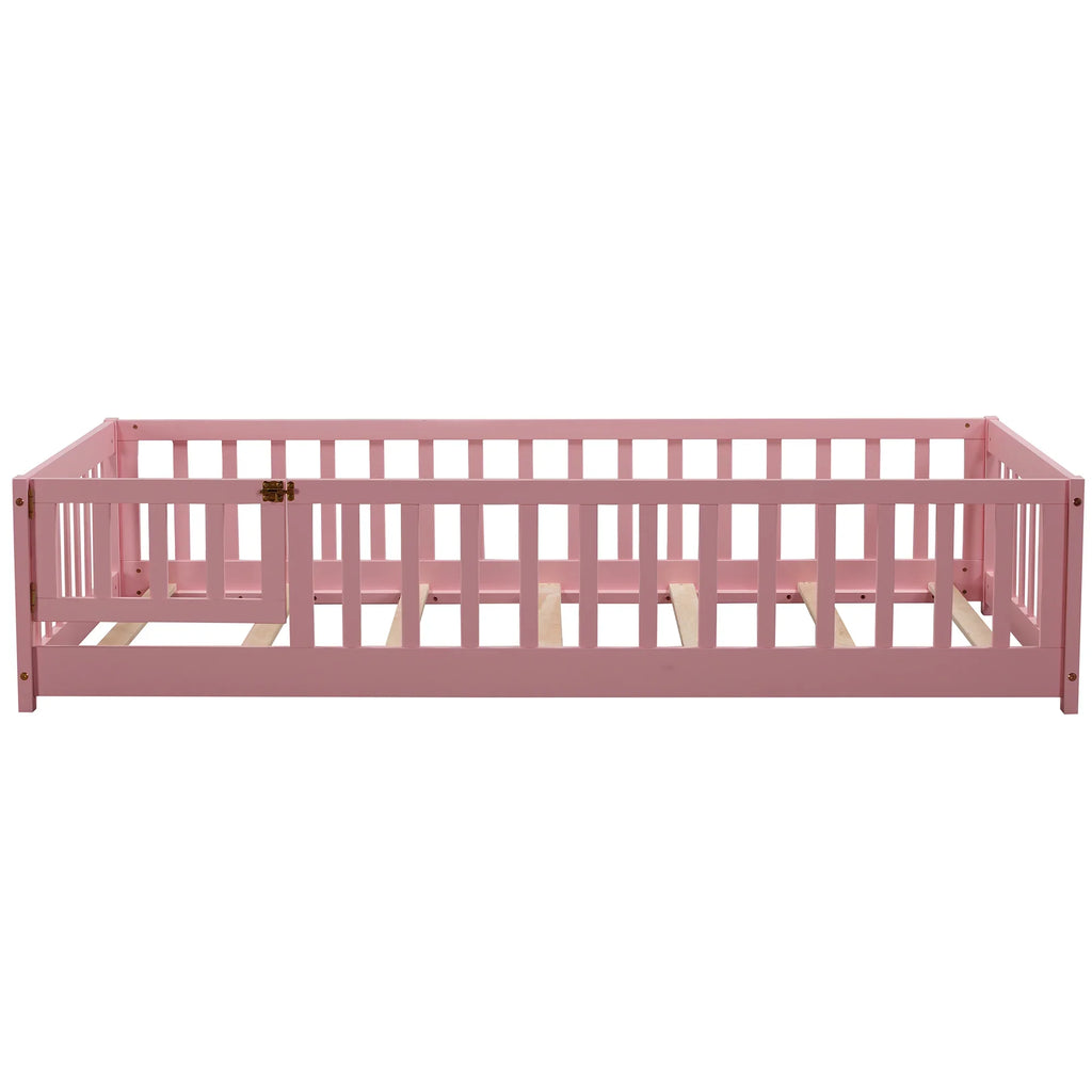 PAPROOS Twin Size Floor Bed, Solid Wood Toddler Bed with Slat, Fence Guardrail and Door, No Box Spring Needed, Montessori Bed, Twin Bed for Kids, Boys, Girls, Gray