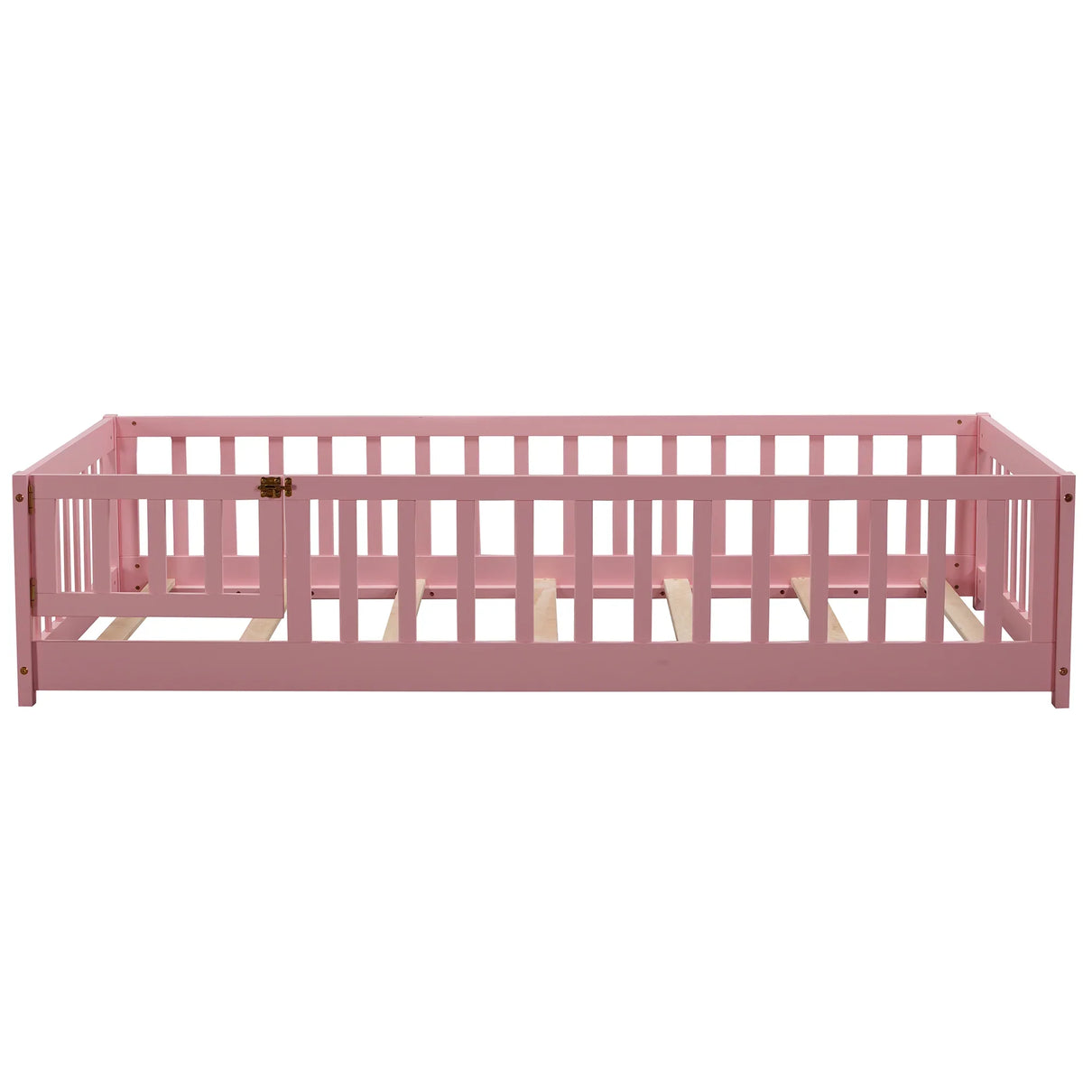 PAPROOS Twin Size Floor Bed, Solid Wood Toddler Bed with Slat, Fence Guardrail and Door, No Box Spring Needed, Montessori Bed, Twin Bed for Kids, Boys, Girls, Gray