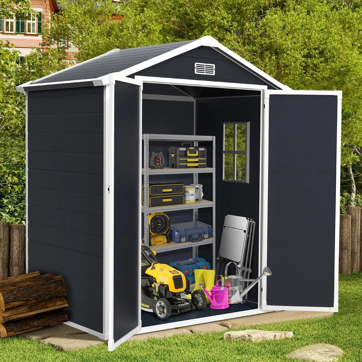 Syngar Outdoor Storage Shed with Lockable Doors, Dark Gray