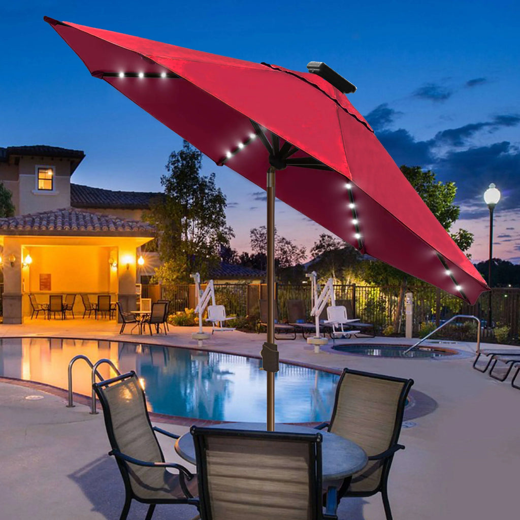 EliteShade Sunbrella Solar Umbrellas 9ft Market Umbrella with 80 LED Lights Patio Umbrellas Outdoor Table Umbrella with Ventilation and 5 Years Non-Fading Top,Ruby