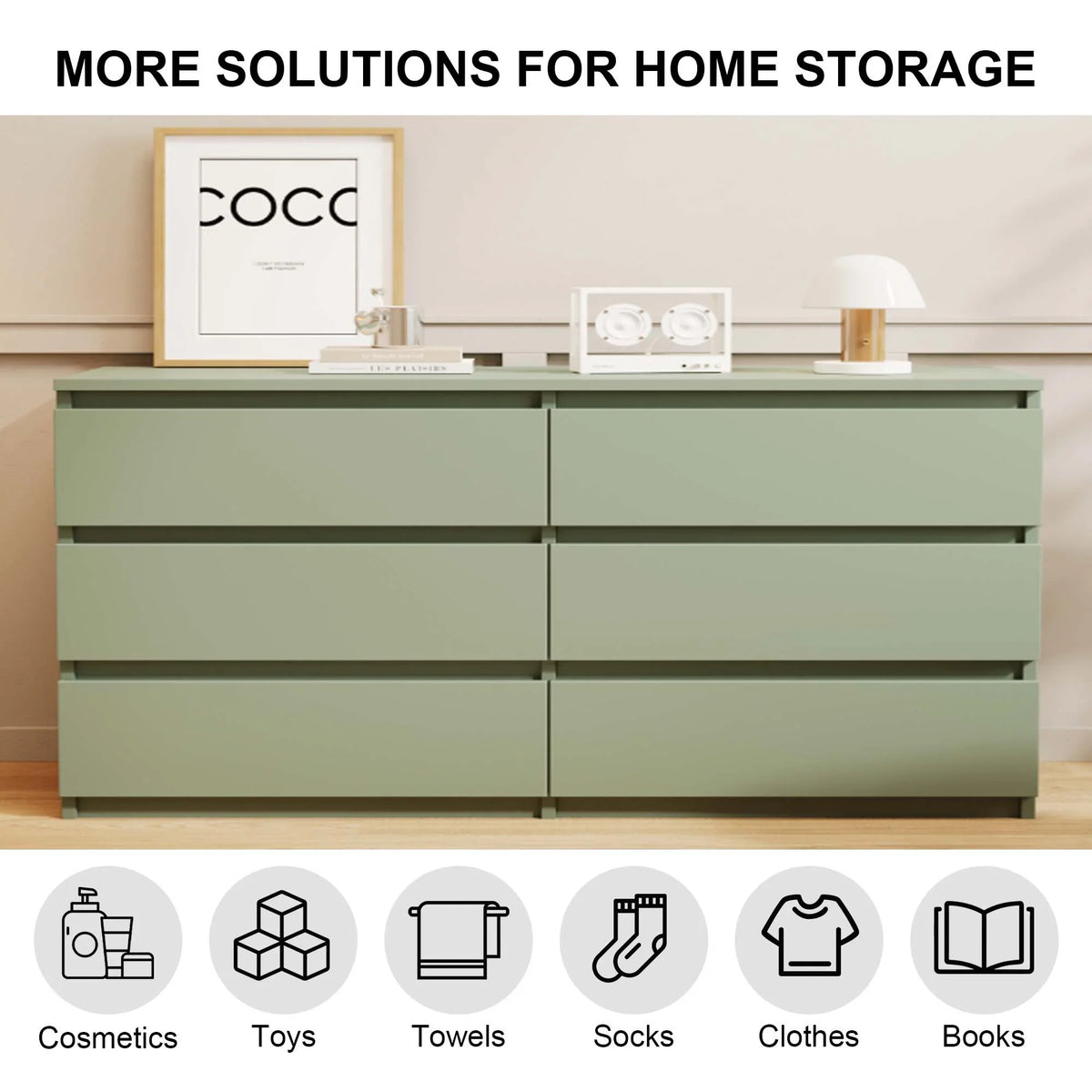 Aukfa Modern 6-Drawer Dresser Chest of Drawers Storage Cabinet for Bedroom Living Room, Green