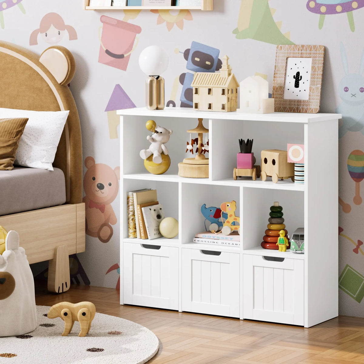 Homfa Toy Storage Organizer with 3 Movable Drawers, 5 Cube Kids Bookcase for Playroom, Storage Cabinet for Living Room, White Finish
