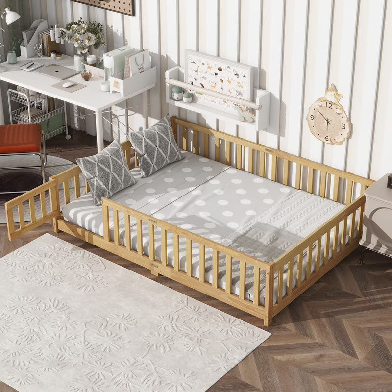 Bellemave Twin Size Floor Beds, Wood Montessori Bed with Fence Railings & Support Slats, No Box Spring Needed (Gray"