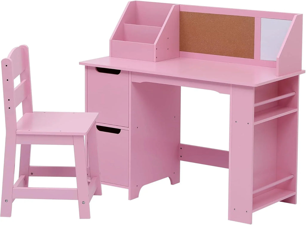 Garvee Kids Study Desk and Chair Set, Wooden School Learning Table with Storage, Kigs Writing Desk with Hutch and Bulletin Board, Children Computer Desk with Chair, Small Toddler Desk for Home, Pink