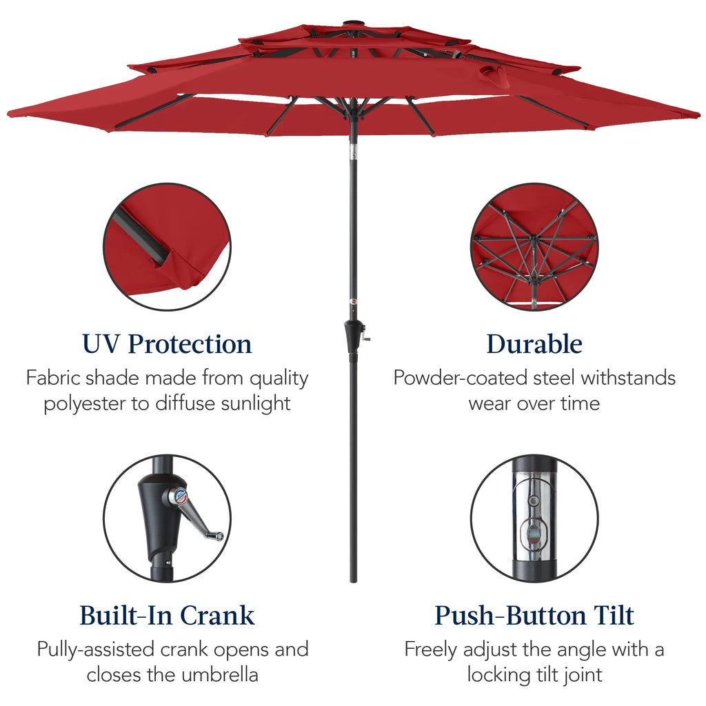 Best Choice Products 10ft 3-Tier Patio Umbrella, Market Sun Shade w/ Tilt Adjustment, Easy Crank - Red