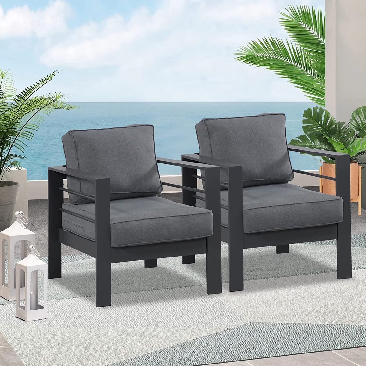 Superjoe Outdoor 3 Seats Patio Aluminum Sofa Furniture, Couch Gray Metal Chair with Cushions, Dark Grey