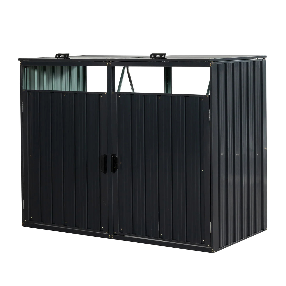 JXXRZ Metal Garbage Bin Shed for 2 Trash Cans with Lockable Doors and Lids,Galvanized Steel Garbage Bin Storage Shed for Garden Yard Lawn, Black