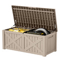 Uforic Outdoor 120 Gallon Large Resin Deck Box, Outdoor Storage Boxes with X-Shaped Front, for Patio Garden, Waterproof & Lockable, Light Brown