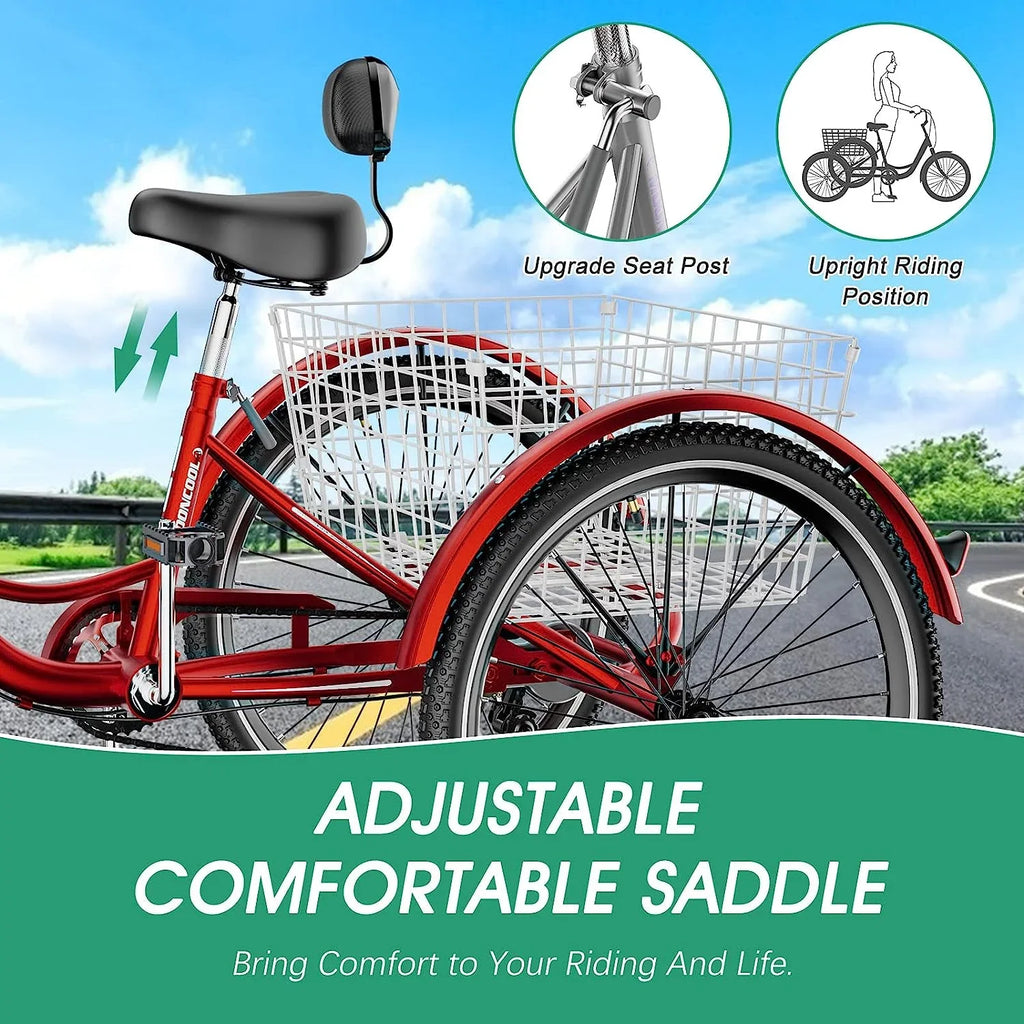 MOONCOOL Adult Tricycles with Rear Basket & Inflator, 24 26 inch 7 Speed 3 Wheel Bikes, Three-Wheeled Bicycles Adult Trike with Backrest for Seniors, Women, Men