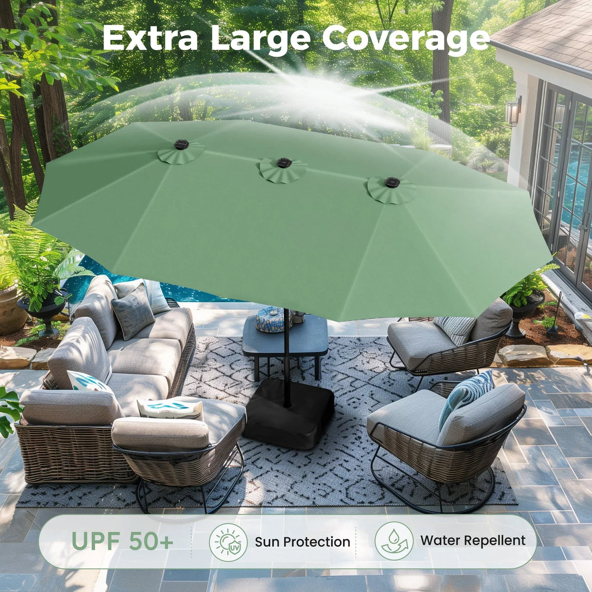 Alpha Joy 15ft Extra Large Outdoor Patio Double-Sided Umbrella with LED Solar Lights & Umbrella Base, Beige