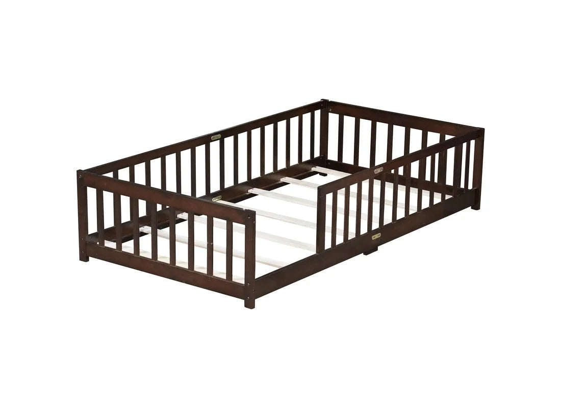 Bellemave Twin Size Floor Beds, Wood Montessori Bed with Fence Railings & Support Slats, No Box Spring Needed (Gray"
