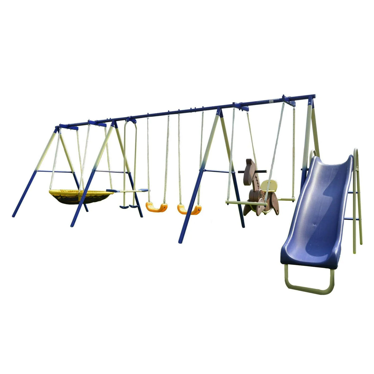 Sportspower Super 8 Metal Swing Set. Rocking Horse. Saucer Swing. Glide Ride. Two Swings and Slide