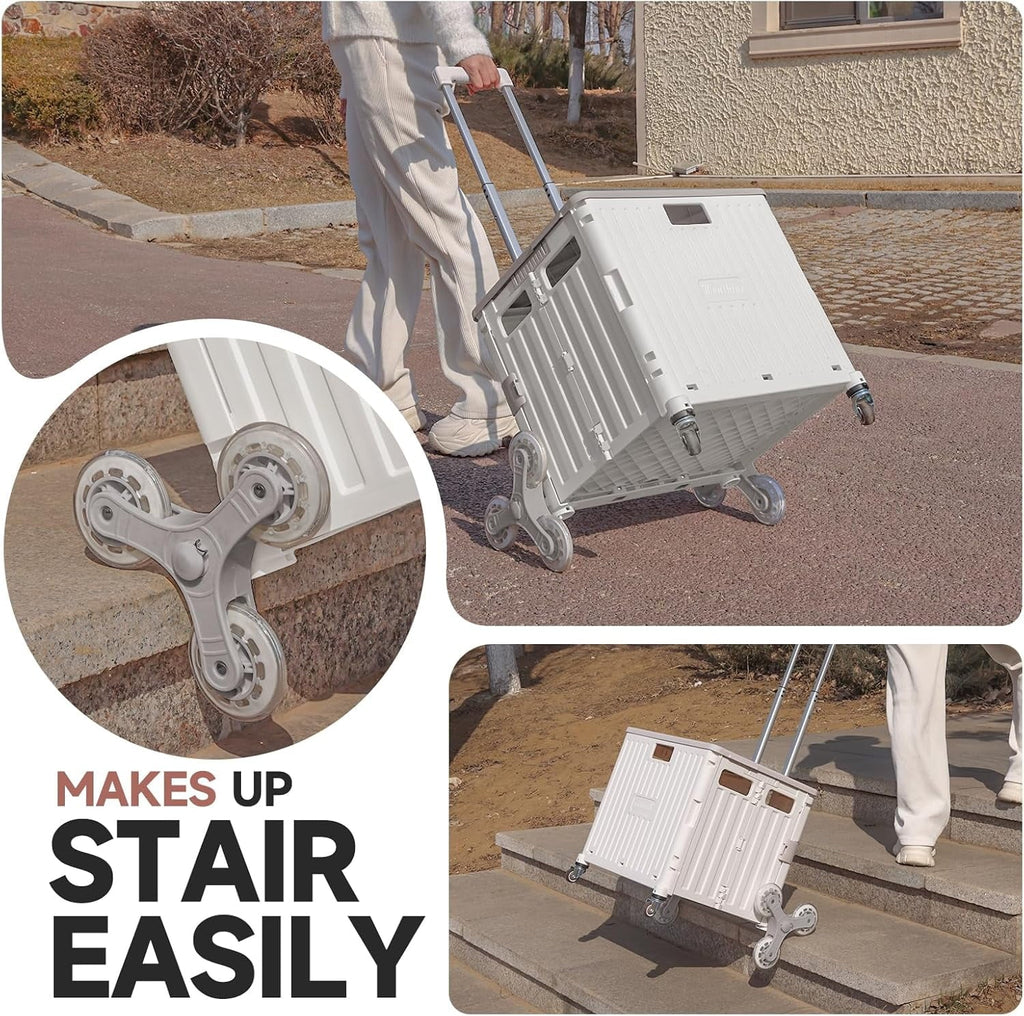 Collapsible Rolling Crate for Stair Climbing: Rolling Cart for Shopping Teacher Laundry (Milky White)