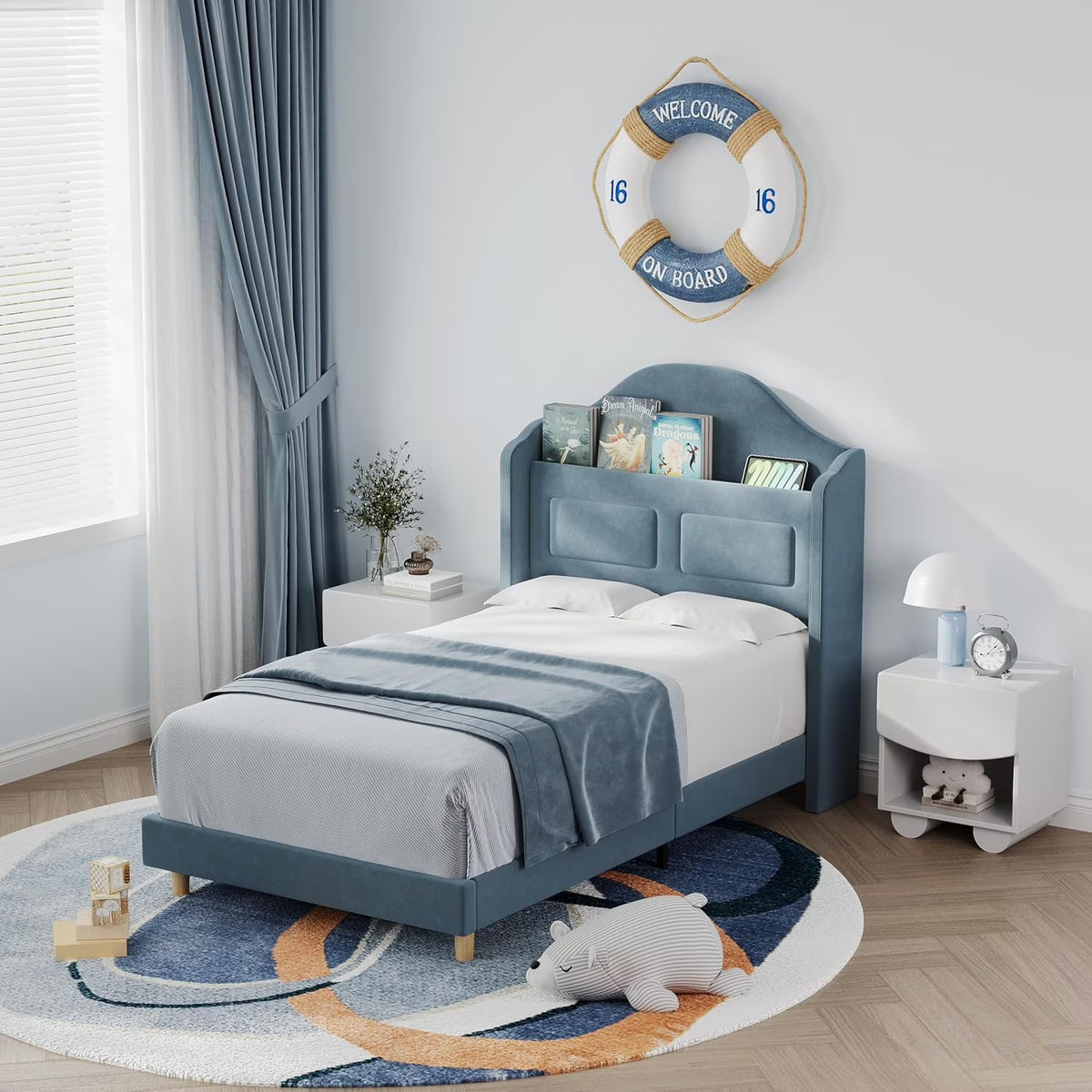 BouPower Twin Size Bed Frame with LED Lights,Platform Bed with Wing Back Storage Headboard,Upholstered Twin Bed,No Box Spring Needed,Easy Assembly