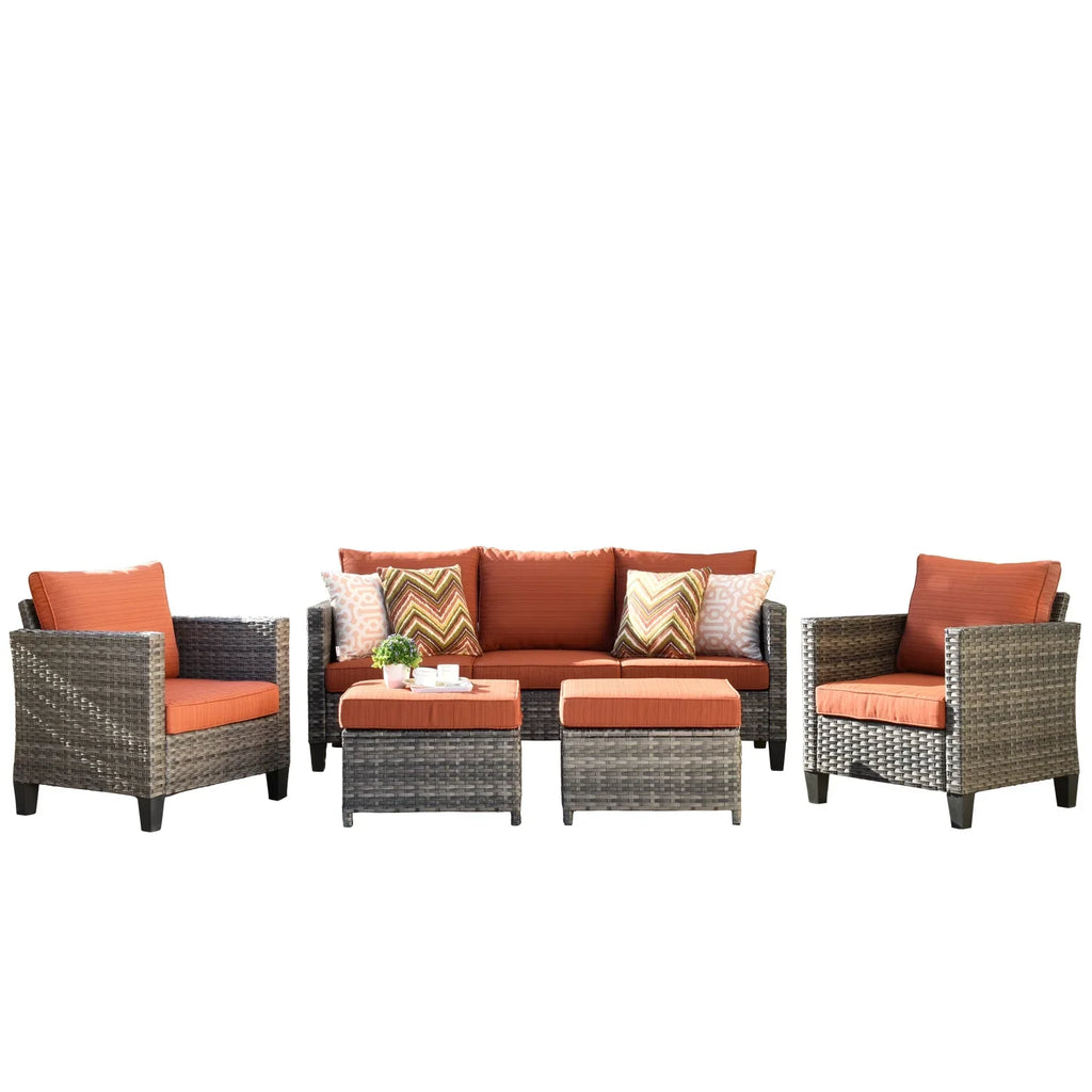 Ovios 5 Pieces Outdoor Patio Furniture Set Wicker Rattan Outdoor Conversation Comfortable Sectional Sofa with Steel Frame, Grey