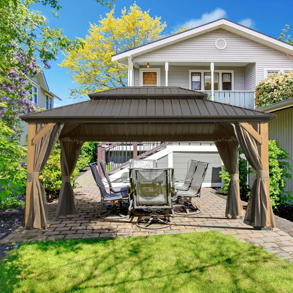 Domi 12x20 ft Wood Gazebo, Cedar Wood Frame Hardtop Gazebo with Galvanized Steel Double Roof, Outdoor Gazebo with Netting and Curtains, Patio Gazebo Pergola Pavilion for Patio, Backyard, Deck, Lawns