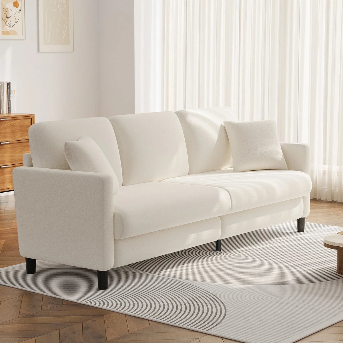 83" Comfortable Upholstered Sofa, 3 Seater Couch for Living Room, Neche Big Loveseat with Extra Deep Seats, 2 Pillows, Beige White