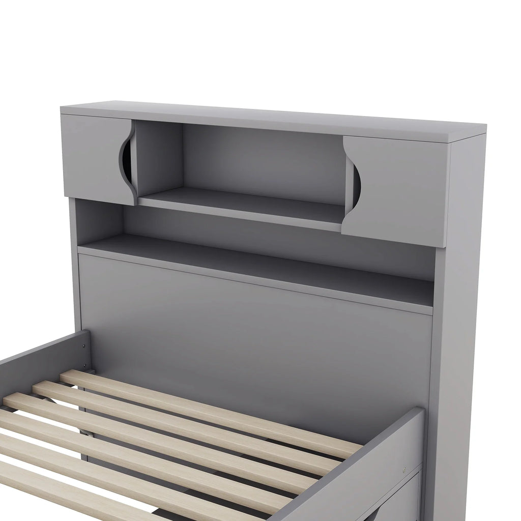 Euroco Wood Twin Size Platform Bed with Storage Headboard, Captain Bed with 4 Drawers, Bookcase and Cabinets, Gray