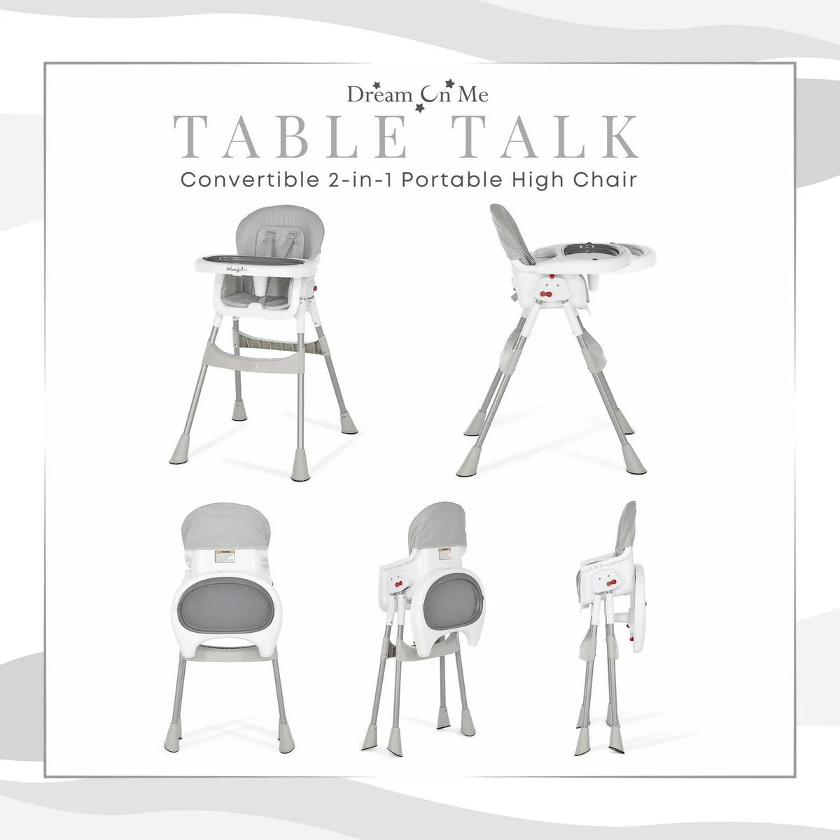 Dream On Me Portable 2-In-1 Table Talk High Chair. Gray