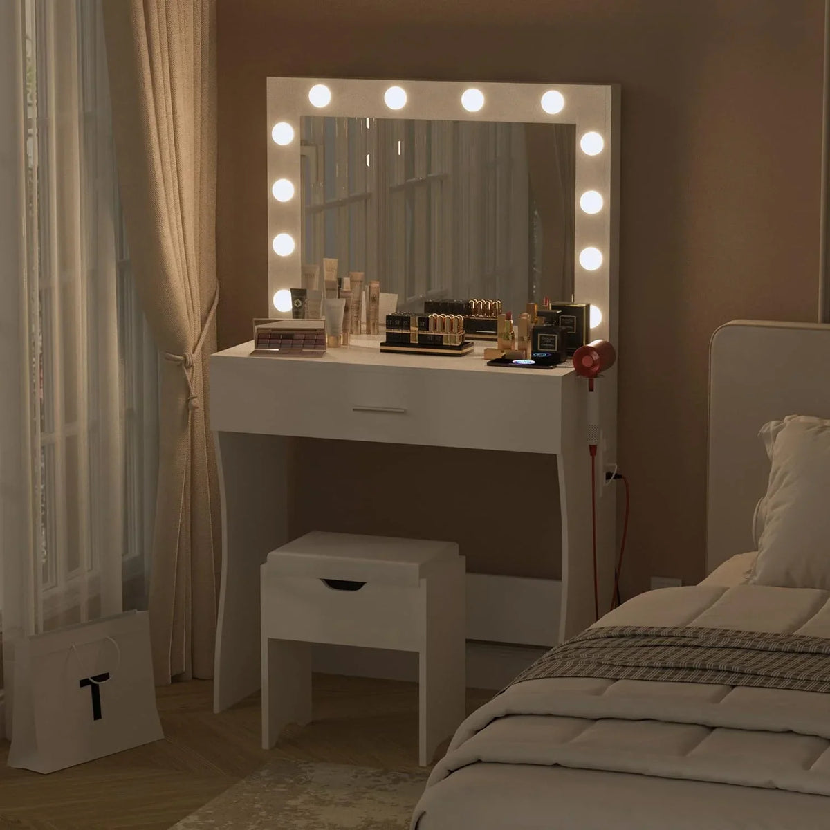 Vanity Table Set with Lighted Mirror,Makeup Vanity with Lights, Large Drawer Sturdy Wood Vanity, White