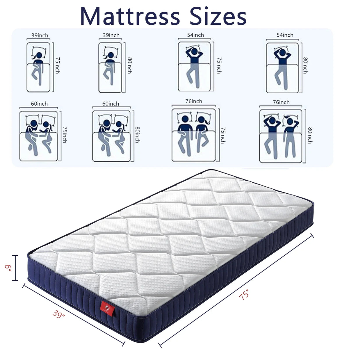 Twin Mattress,Hybrid Innerspring and Memory Foam Mattress in a Box,Medium Firm Support with Cooling Fabric,CertiPUR-US Certified,75"x39"x6",White+Blue