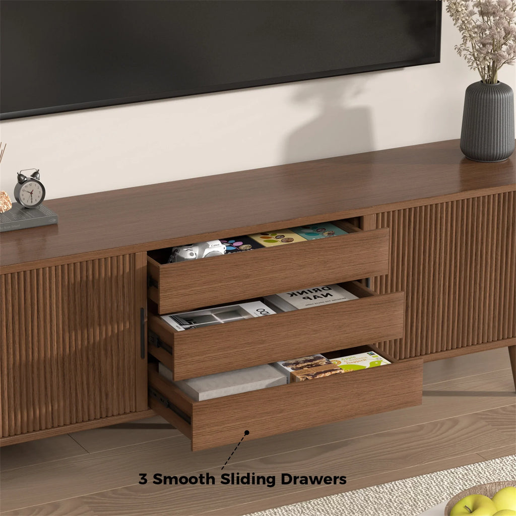 Planntonneo Mid-Century Modern Fluted TV Stand Wooden Media Console Entertainment Center for Living Room, Walnut Color