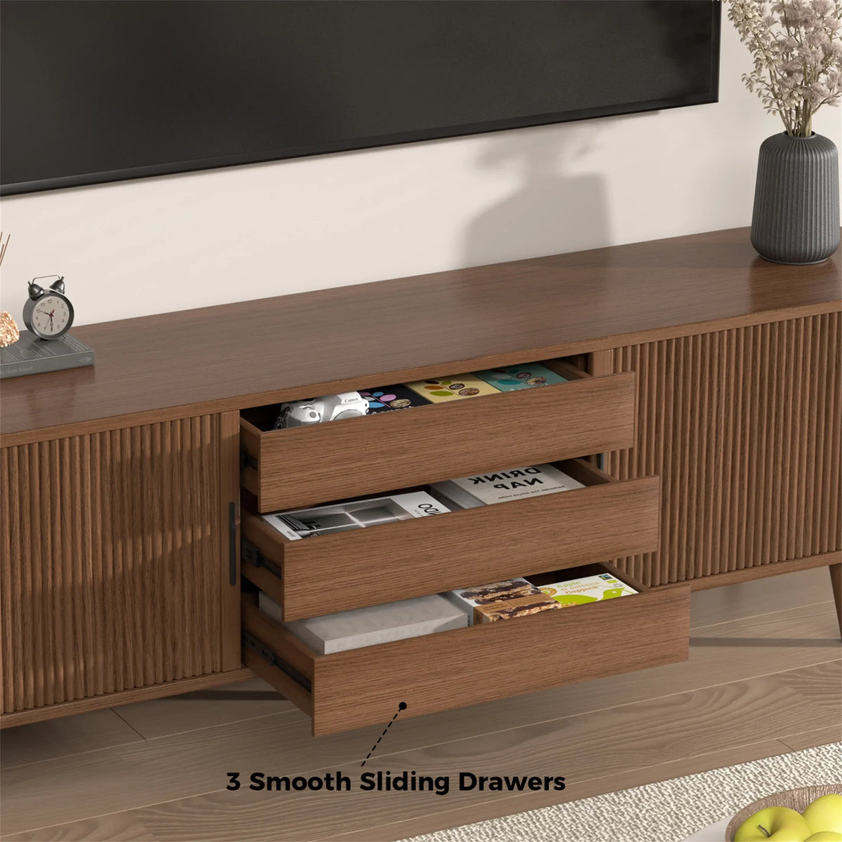 Planntonneo Mid-Century Modern Fluted TV Stand Wooden Media Console Entertainment Center for Living Room, Walnut Color