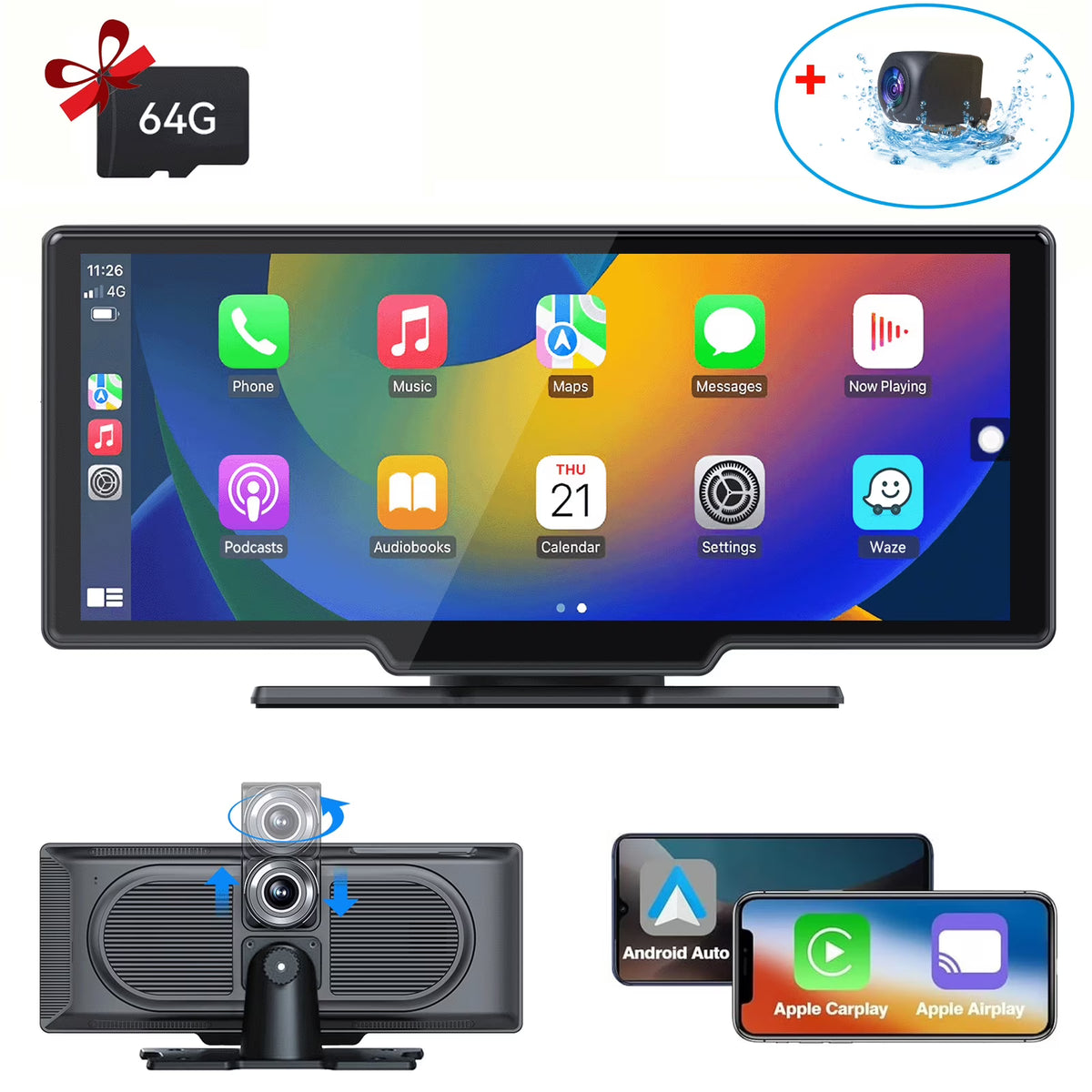 10.26" Wireless Apple Carplay Screen with Android Auto, 4K Dash Cam, Backup Camera, Bluetooth, GPS, Voice Control