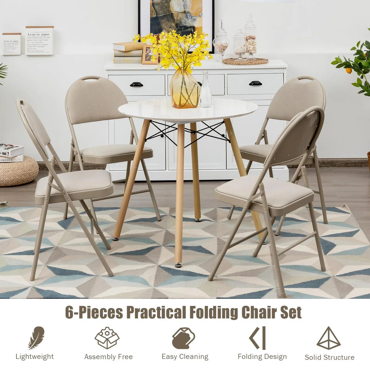 Giantex 6-Piece Commercial Folding Chairs w/Upholstered Padded Seat & Back, Fabric Seating for Home Office Wedding Party, Grey