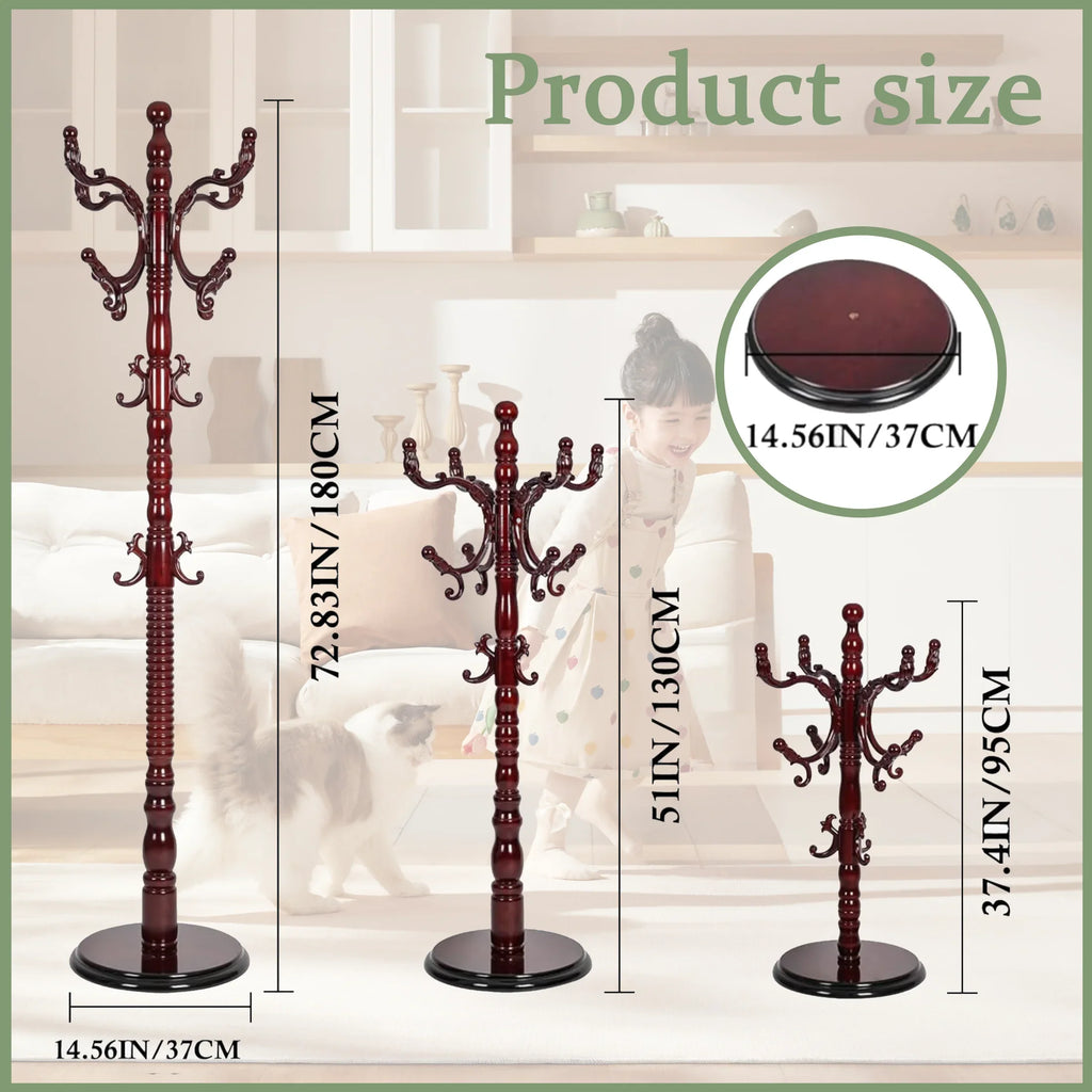 swing 73" Wooden Coat Rack Stand,Coat Racks Freestanding With 14 Hooks And Solid Round Base Heavy Duty Adjustable Height Hall Tree Coat Rack for Entryway Hallway Foyer Office Bedroomf