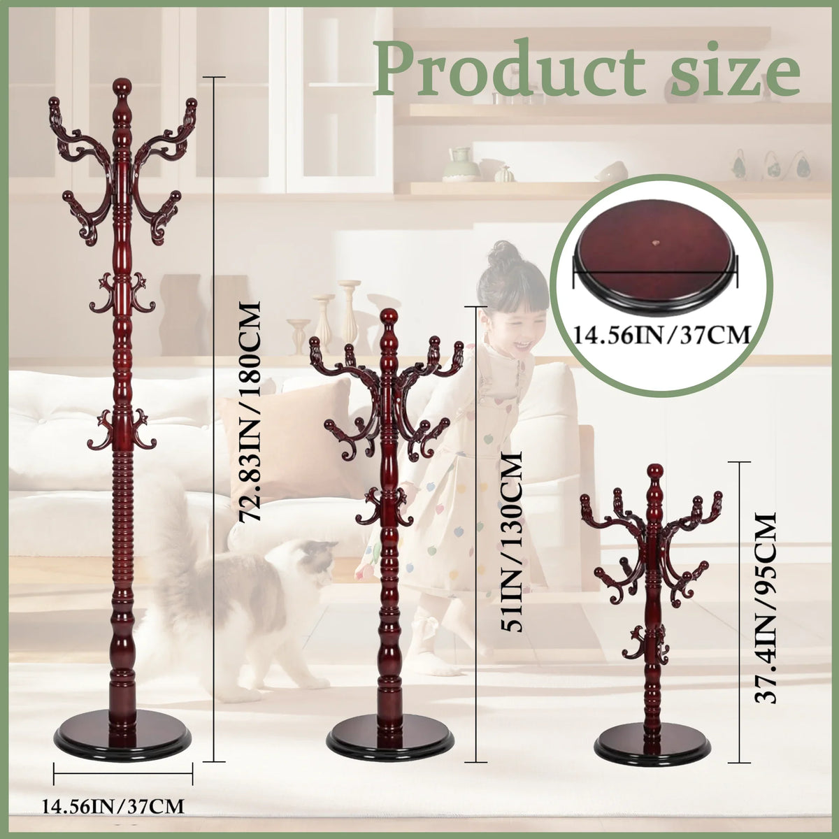 swing 73" Wooden Coat Rack Stand,Coat Racks Freestanding With 14 Hooks And Solid Round Base Heavy Duty Adjustable Height Hall Tree Coat Rack for Entryway Hallway Foyer Office Bedroomf