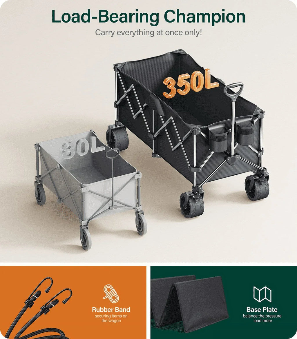 KEESTP Collapsible Wagon, 440LBS Heavy Duty Wagon Carts Foldable with Side Pocket and Brakes, 66 Gallon Large Capacity Foldable Wagon-gray