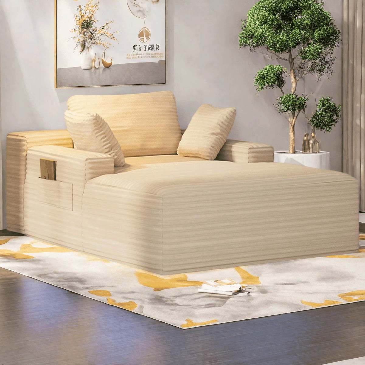 Lofka Oversized Chaise Lounge Indoor, 66"D Corduroy Upholstered Boneless Sofa Bed for Reading on Living Room & Bedroom, No Assembly Required (Beige)