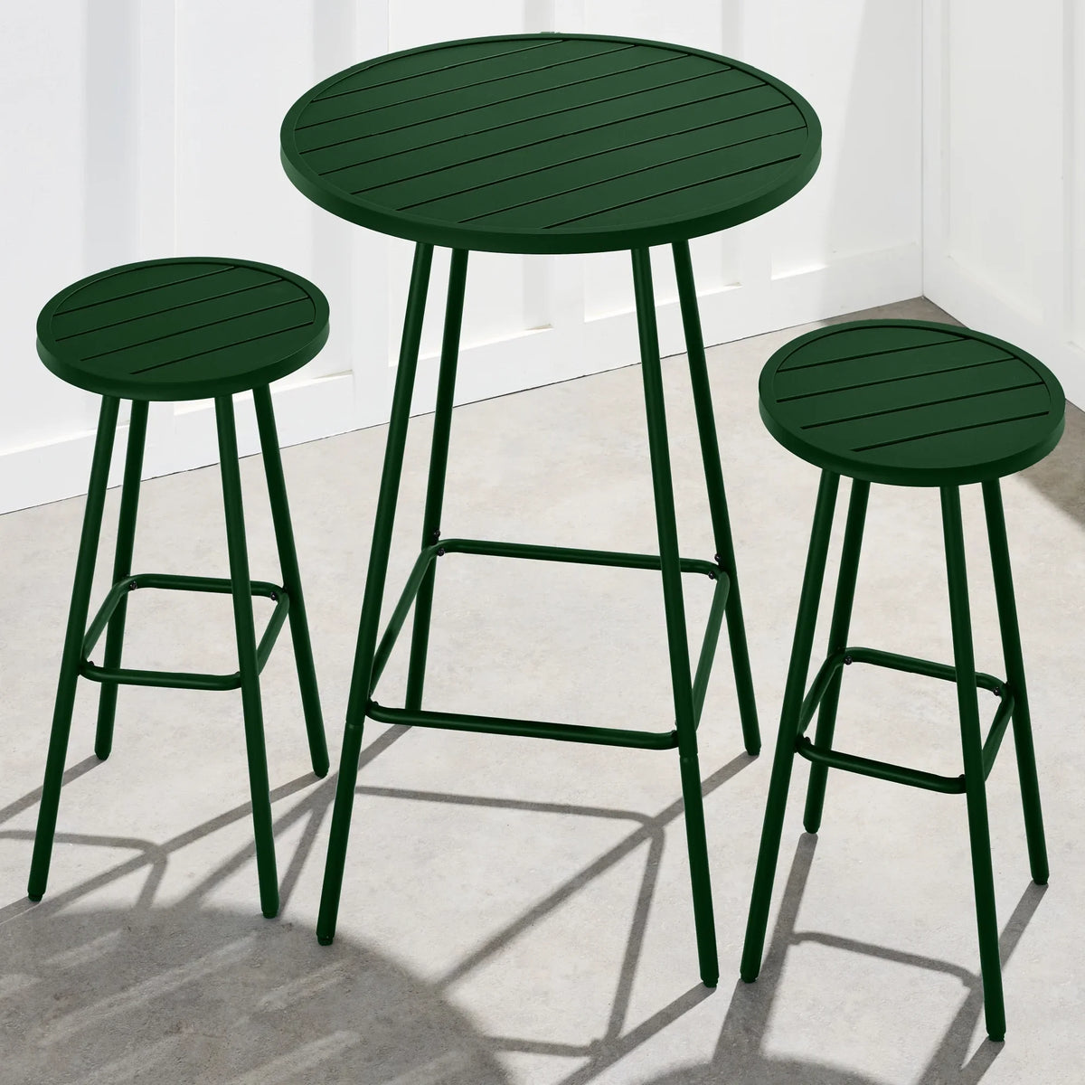 Best Choice Products 3-Piece Steel Patio Bar Height Round Bistro Set w/ Backless Stools, Slatted Design - Black