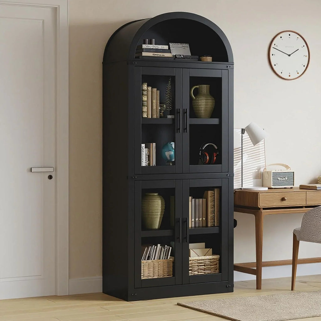 AOILE 72" Tall Arched Farmhouse Bookcase with Doors, Wooden Display Cabinet with Storage Shelves