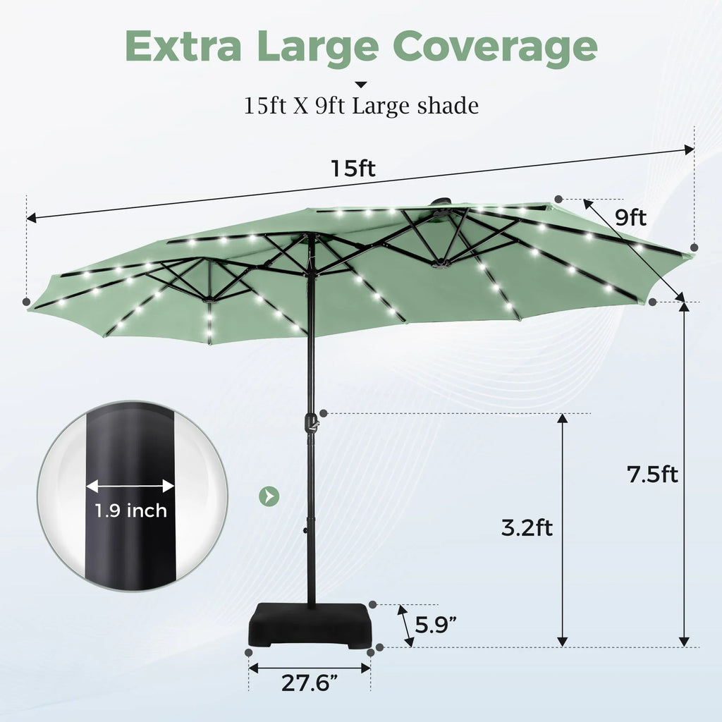 Alpha Joy 15ft Extra Large Outdoor Patio Double-Sided Umbrella with LED Solar Lights & Umbrella Base, Beige