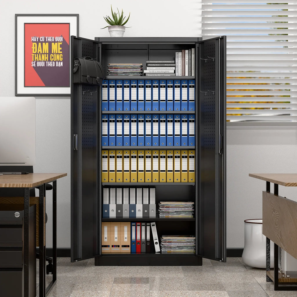 GAEANET 2 Door Metal Storage Cabinet with 5 Adjustable Shelves &Pegboard, 71" H"32" W"16" D Locking Steel Garage Cabinet, for Garage,Office,Home,Gym,School, File Cabinet,Assembly Required, Black
