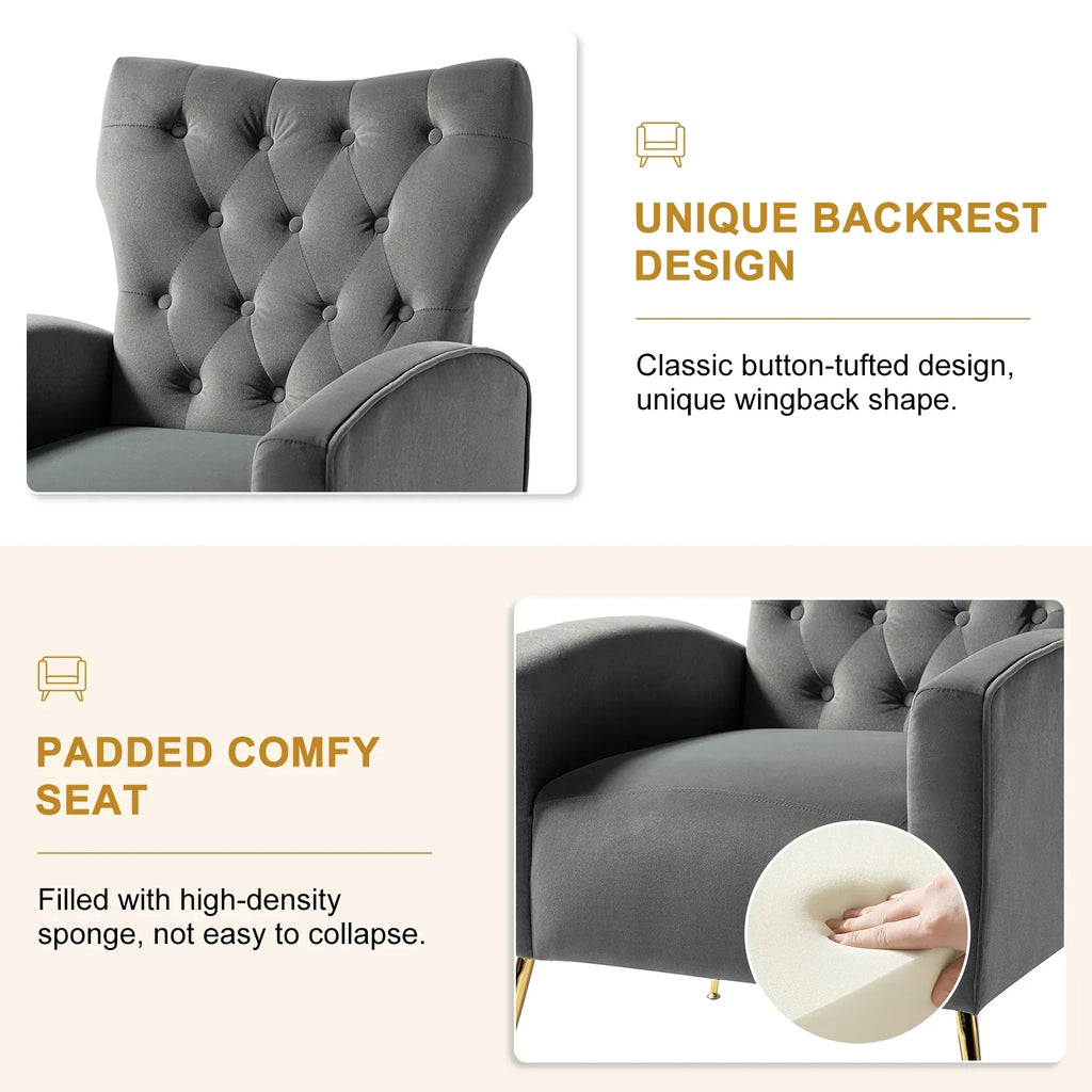 Modern Velvet Accent Chair Upholstered Sofa Armchair Button Tufted Metal Legs Adult Bedroom Home Living Room Grey