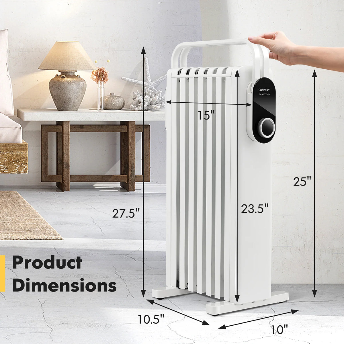 Costway 1500W Electric Space Heater Oil Filled Radiator Heater W/ Foldable Rack White