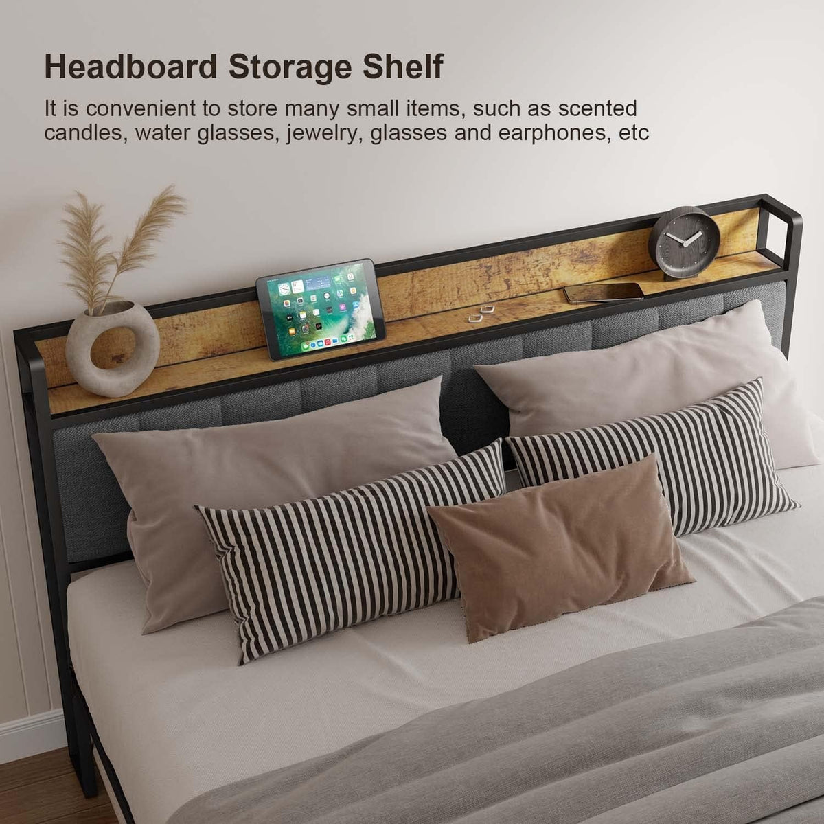 Lofka Queen Bed Frame with Headboard, Upholstered Platform Bed with Headboard, No Box Spring Needed/Easy Assembly, Beige
