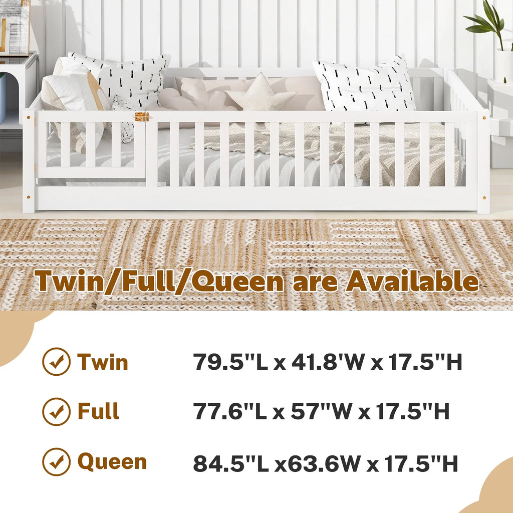 PAPROOS Twin Size Floor Bed, Solid Wood Toddler Bed with Slat, Fence Guardrail and Door, No Box Spring Needed, Montessori Bed, Twin Bed for Kids, Boys, Girls, Gray